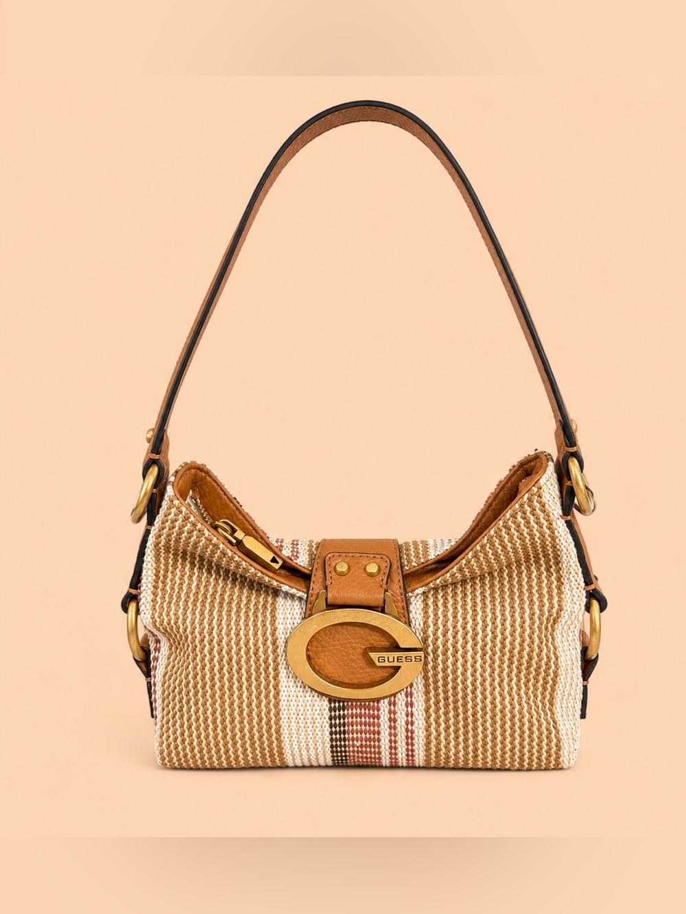 Guess Camden Mini Shoulder Bag Beige and Tan Woven with Gold Accent